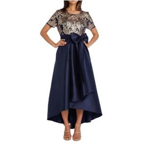 R&M Richards‎ Blue and Gold Embellished Sequin Bow High Low Ball Gown Dress